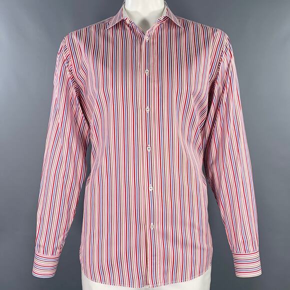 BUGATCHI Size XL White Multi Color Stripe Cotton Spread Collar Long Sleeve Shirt - Picture 1 of 8